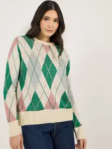 Styli Women Vintage Argyle Multi Color Regular Fit  Pullover Sweater