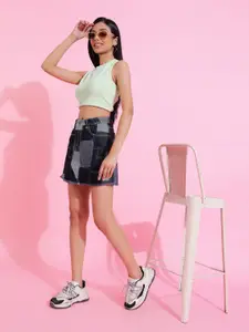 Belliskey Women Blue Colourblocked A-Line Denim Mini Skirt