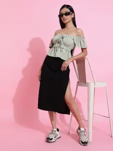 Belliskey Women Solid Side Slit A-line Denim Midi Skirt