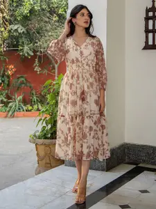 Janasya Women Floral Print Puff Sleeves Dobby Georgette Fit & Flare Midi Dress