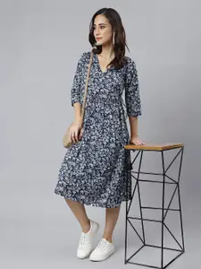 Janasya Women Indigo Pure Cotton Floral Printed Angrakha Dress