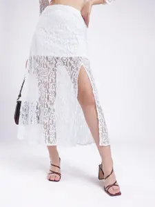 glitchez Women Sheer Lace High Side Slit A-Line Midi Skirt