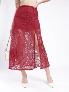 glitchez Women Sheer Lace High Side Slit A-Line Midi Skirt