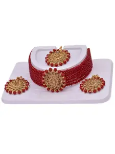 JMBW INTERNATIONAL Gold-Plated Beaded Layered Choker & Earrings with Maang Tika