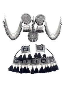 JMBW INTERNATIONAL Set Of 2 Beaded Tasselled Necklace and Earrings With Maang Tika