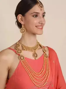 JMBW INTERNATIONAL Gold-Plated Kundan-Studded Long Necklace, Chocker & Earrings Set