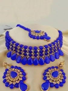 JMBW INTERNATIONAL Pack Of 3 Gold Plated Beaded Choker & Earrings with Maang Tika