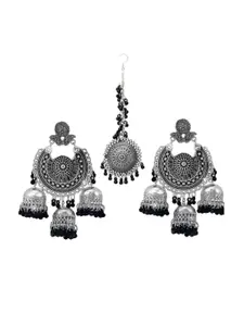 JMBW INTERNATIONAL Silver-Plated Oxidised Maang Tika & Earrings