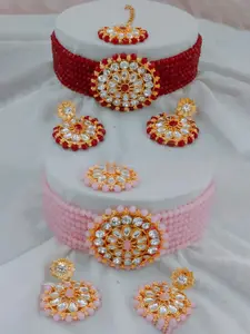 JMBW INTERNATIONAL Gold Plated Stone Studded & Beaded Necklace With Earrings Maang Tika