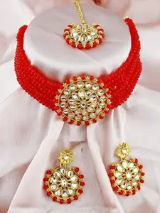 JMBW INTERNATIONAL Stone-Studded & Beaded Necklace With Earrings & Maang Tikka
