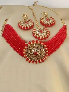 JMBW INTERNATIONAL Beaded Layered Choker & Earrings with Maang Tika