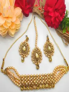 JMBW INTERNATIONAL Gold Plated Artificial Beads Chocker Necklace & Earrings