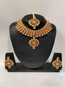 JMBW INTERNATIONAL Gold-Plated Beaded Necklace with Earrings & Maang Tika