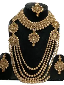 JMBW INTERNATIONAL Gold Plated Layered Necklace & Earrings With Maang Tika