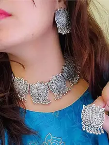 JMBW INTERNATIONAL Oxidised Lotus Shaped Necklace & Earrings