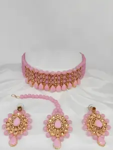 JMBW INTERNATIONAL Beaded Stone-Studded Necklace With Earrings & Maang Tikka