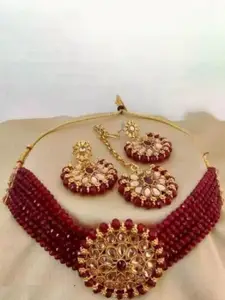 JMBW INTERNATIONAL Artificial Stones and Beads Studded Necklace with Earrings & Maang Tika