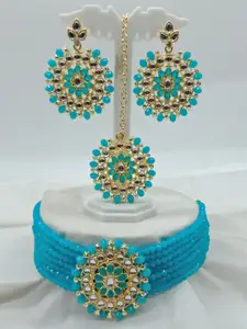 JMBW INTERNATIONAL Gold-Plated Necklace With Earrings and Mangtika Jewellery Set