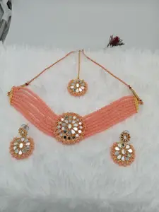 JMBW INTERNATIONAL Gold-Plated Crystal Beaded Layered Necklace and Earrings Maang Tika