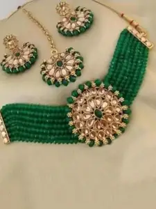 JMBW INTERNATIONAL Set Of 2 Gold Plated Beaded Necklace and Earrings With Maang Tika