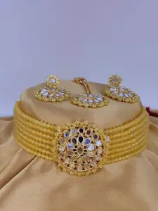 JMBW INTERNATIONAL Crystal Beaded Layered Choker & Earrings with Maang Tika