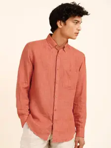 Andamen Men Premium Button-Down Collar Solid Linen Casual Shirt