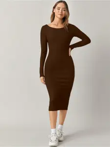 AAHWAN Women Cotton Round Neck Bodycon Midi Dress