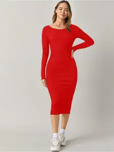 AAHWAN Women Round Neck Cotton Bodycon Midi Dress