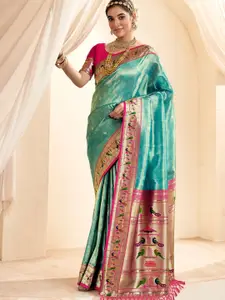 DEVATITHI Turquoise Pure Paithani Tissue Silk with Zari Border Saree