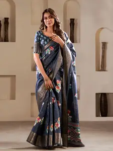 DEVATITHI Grey Soft Dola Silk With Foil Print & Dusty Color Matching Saree
