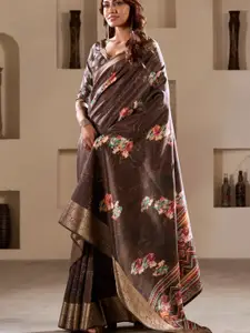 DEVATITHI Coffee Soft Dola Silk With Foil Print & Dusty Color Matching Saree