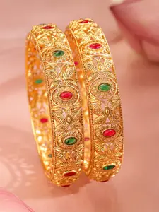 Rubans Set of 2 18K Gold-Plated Ruby Red & Emerald Green Stone Studded Floral Bangles