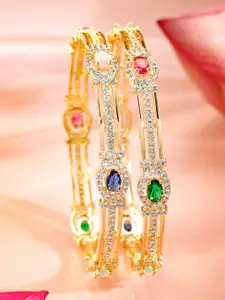 Rubans Set Of 2 22K Gold-Plated Multicolor Gemstone & Cubic Zirconia-Studded Bangles
