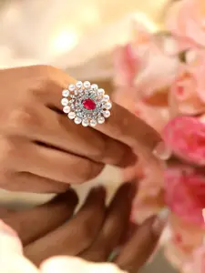 Rubans Rhodium Plated Ruby Pink Cubic Zirconia & Pearl Beaded Adjustable Finger Ring