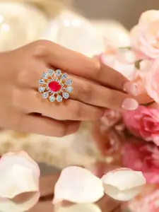 Rubans 22K Gold-Plated Ruby Pink & Cubic Zirconia Studed Floral Adjustable Finger Ring