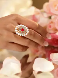 Rubans 22K Gold Plated Ruby Cubic Zirconia Studded & Pearl Beaded Adjustable Finger Ring