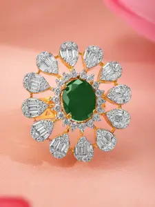 Rubans 22K Gold-Plated Emerald Green & Cubic Zirconia Studed Floral Adjustable Finger Ring
