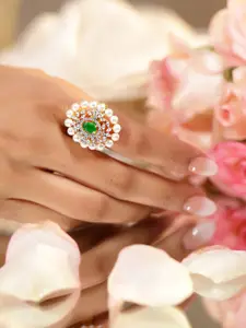 Rubans 22K Gold Plated Emerald Green Cubic Zirconia & Pearl Beaded Adjustable Finger Ring