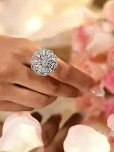 Rubans Rhodium Plated Cubic Zirconia Studded Floral Design Adjustable Finger Ring