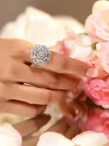 Rubans Rhodium Plated Floral Design Cubic Zirconia Studded Adjustable Finger Ring