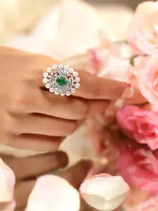 Rubans Rhodium Plated Emerald Green Cubic Zirconia & Pearl Beaded Adjustable Finger Ring