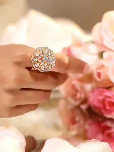 Rubans 22K Gold-Plated Cubic Zirconia-Studded Floral Adjustable Finger Ring