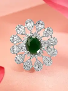 Rubans Rhodium-Plated Emerald Green & Cubic Zirconia Studded Floral Adjustable Finger Ring