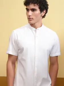 HIGHLANDER Men Band Collar Solid Cotton Casual Shirt