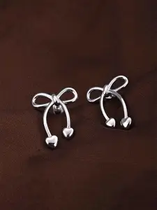 PALMONAS Stainless Steel Silver Plated Contemporary Bow & Heart Drop Earrings