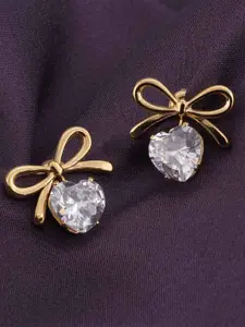 PALMONAS Stainless Steel Gold Plated Stone Studded Contemporary Bow Studs