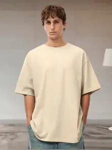 PRONK Men Solid Round Neck Cotton Oversized T-shirt