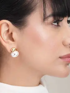 PALMONAS Stainless Steel Gold-Plated Pearl Beaded Contemporary Studs