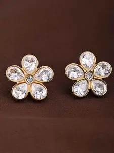 PALMONAS Stainless Steel Gold-Plated Stone Studded Floral Studs