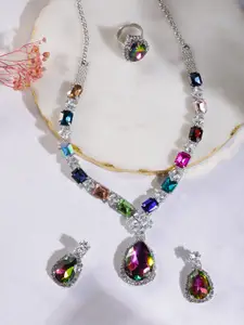 MANSIYAORANGE Rhodium-Plated AD Studded Necklace With Earring & Adjustable Ring